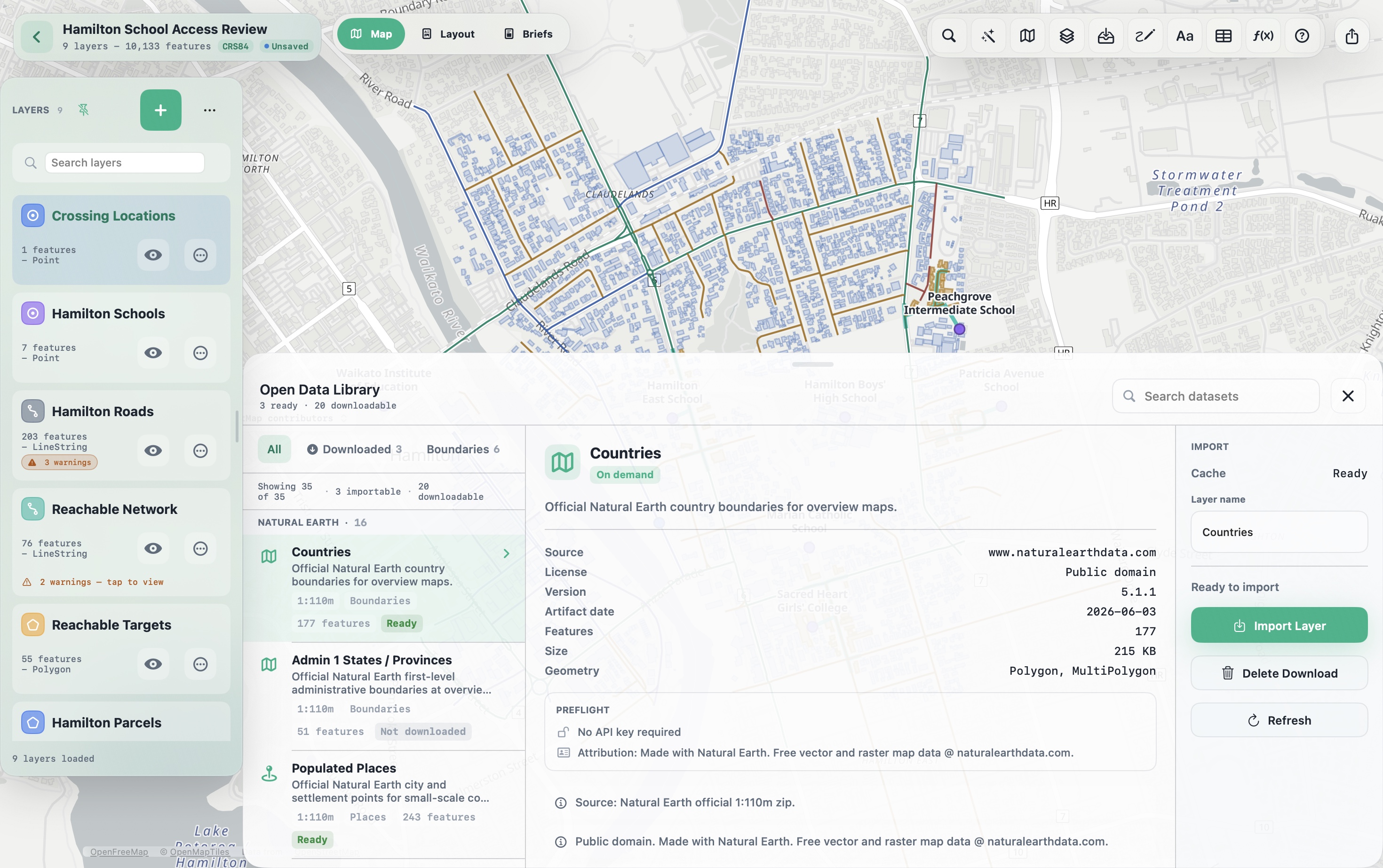 Meridian on Mac with the Open Data Library open, showing downloadable Natural Earth datasets, source and licence details, import readiness, and an Import Layer action.