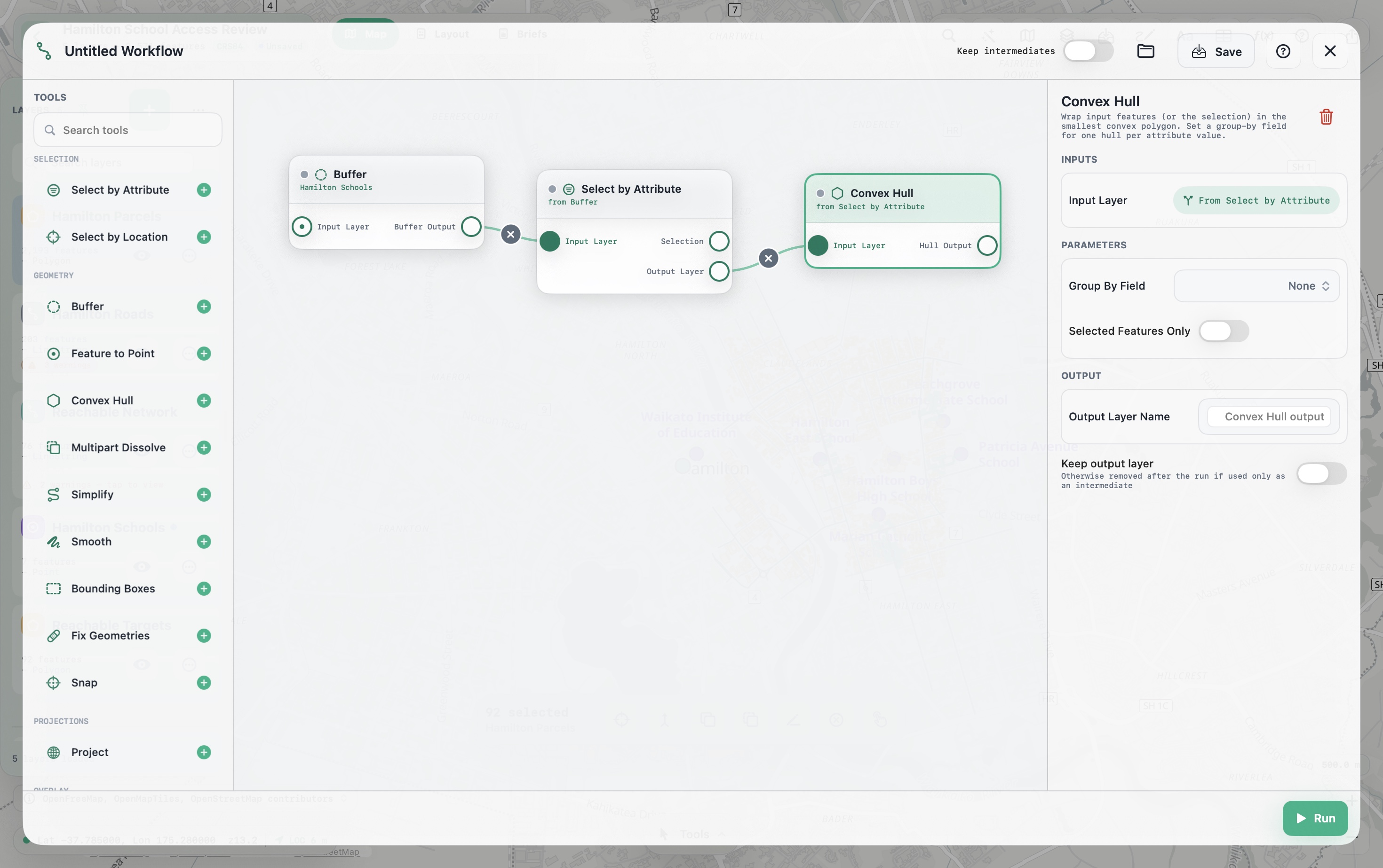 Meridian's Workflow Builder on Mac: a searchable tool palette, Buffer wired to Select by Attribute and Convex Hull nodes, and an inspector configuring the selected Convex Hull node's input, parameters, and output.